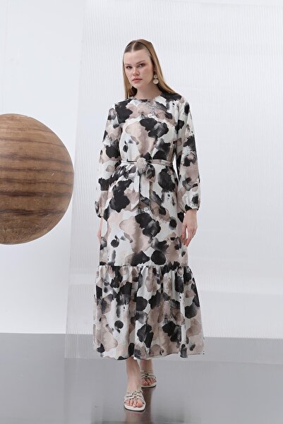 Puane Women's Belt Detailed Patterned Dress - 12602Elb - Black