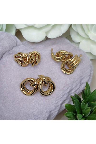 Marchen Collection Kadın 3 Çift Altın Renk Küpe Seti Çok Katmanlı Altın Çember Tasarımlı Küpe