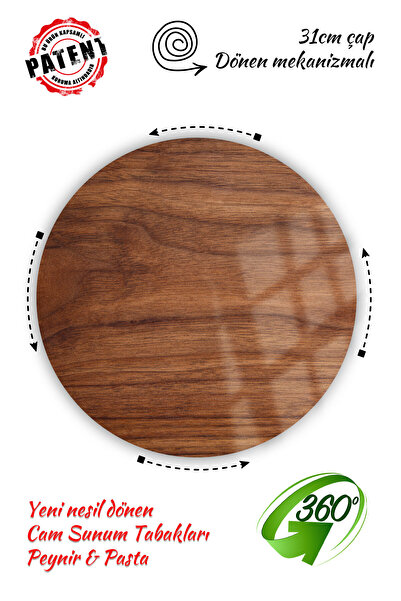 Sunum360 Ahşap Desenli, Dönen Standlı Lüx Servis Sunum Tabağı, Dönen Pasta Ve Peynir Tabağı Standı