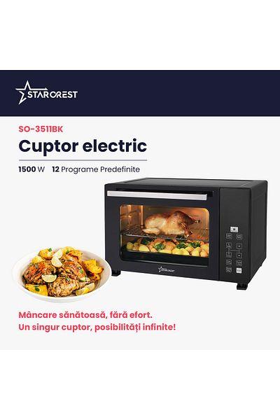 STARCREST Cuptor electric STARCREST SO-3511BK, 35L, 1500W, Rotisor, Convectie, 12 Programe, Interfata digitala