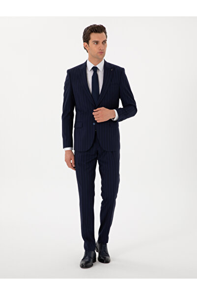 Cacharel Koyu Lacivert Slim Fit Çizgili Kırlangıç Yaka Yün Takım Elbise 50300516-VR100