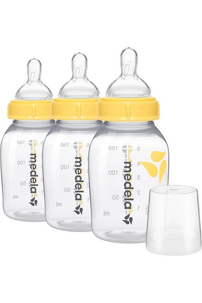 Medela Slow Flow Feeding & Storage Bottles, 3 Pack of 5 Ounce Bottle with Nipple, Lids, Wide Base