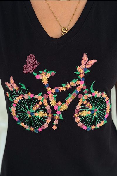 FEMELLE Tricou de damă, negru, cu decolteu în V, brodat cu bicicletă, 100% bumbac