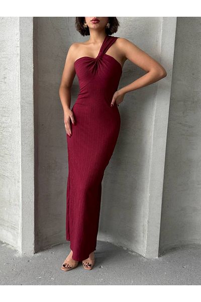 Bleu Petite One Shoulder Detailed Crinkle Fabric Lined Women's Dress