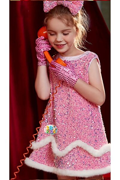 3b kids payetli peruklu pembe kostüm  pembe elbise doğum günü Elbise