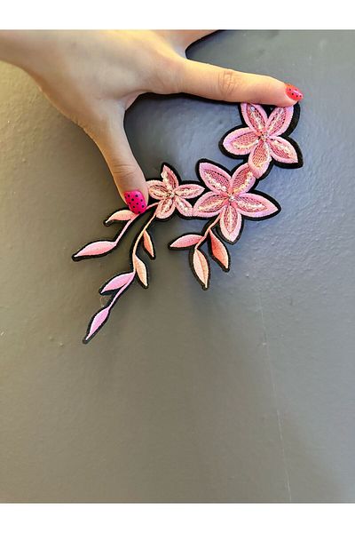 Gönülden Tasarım 20X11 cm Bead Stone Stitch Pink Embroider Stitch Flower Coat Applique