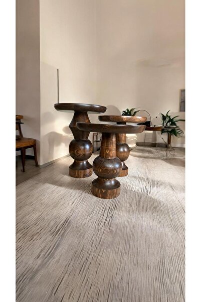 Simillo Home&Living Wood Wooden Ahşap 3’lü Set Fitilli Mantar Yan Sehpa / Cev...