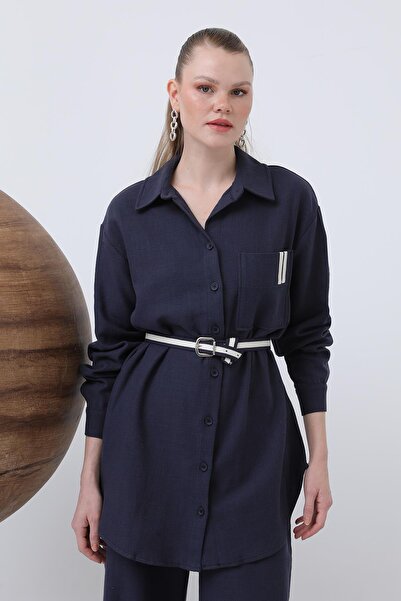 Puane Kadın Beli Büzgülü Ve Cep Detaylı Gömlek Ve Pantolonlu Takım - 14313TKS - Lacivert