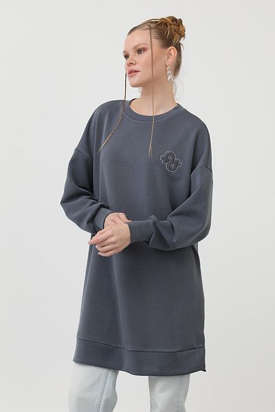 Puane Women's Front Embroidery and Stone Detailed Tunic - 10614Tun - Anthracite