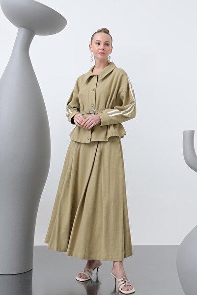 Puane بدلة نسائية بحزام خصر وتنورة - 14314TKS - كاكي فاتح