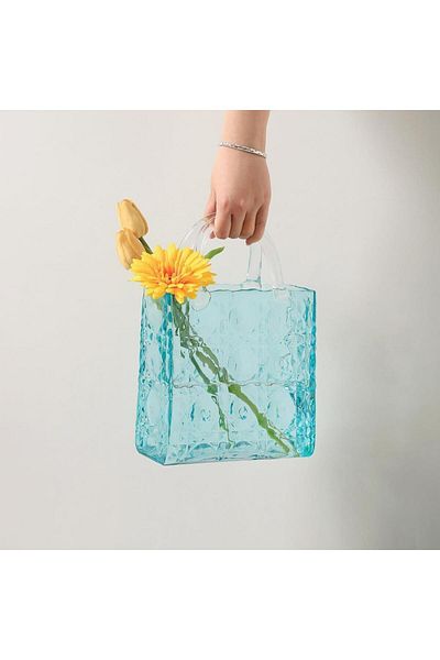 Nettenevime Bag Vase Cornered Model Glass Flower Vase Decorative Blue Vase Large Size Glass Bag Vase