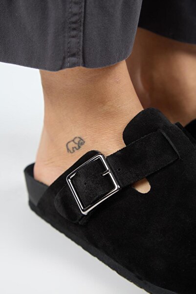 Manijero Dámské semišové pantofle Zeta 2 s přezkou na opasek z pravé kůže Sabo černé barvy