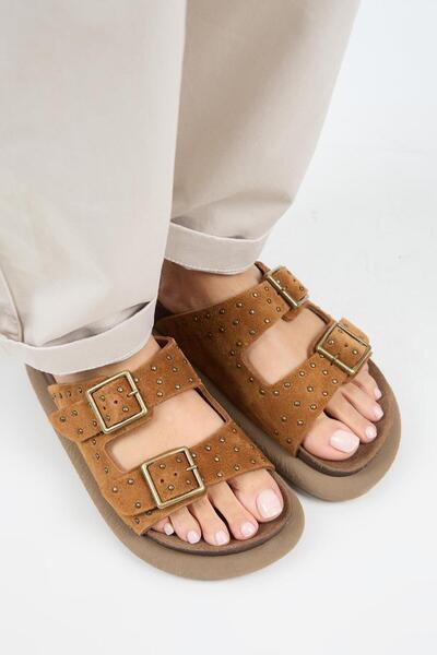 Manijero (Sude) Women's Genuine Leather Double Buckle Trock Taba Slippers