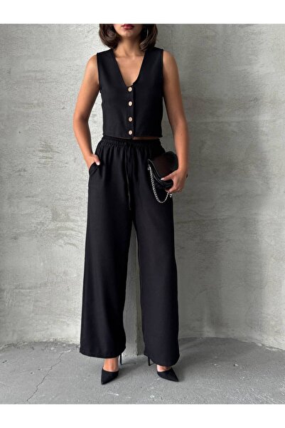 Bleu Petite Set de pantaloni din țesătură de in