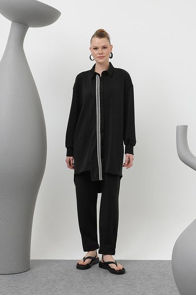 Puane Women's Garnished Stripe Detailed Suit - 14297Tks - Black