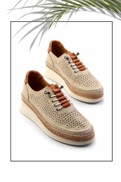 Bambi Beige Genuine Leather Women's Espadrille K01331036203