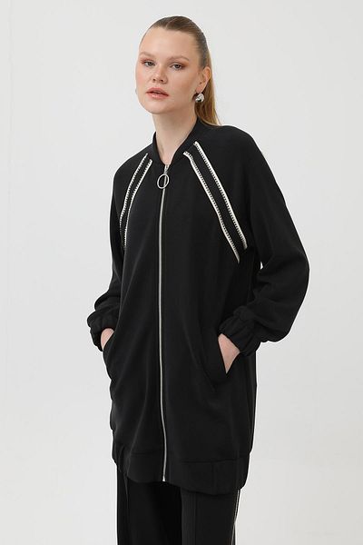 Puane Costum de damă cu fermoar, gata de umăr, cu pantaloni cu dungi - 14290tks - negru