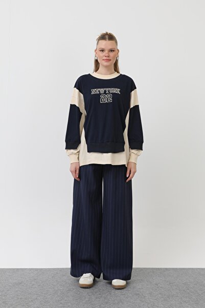 Puane Women's Embroidered Sweat - 32121Swt - Beige-Navy Blue