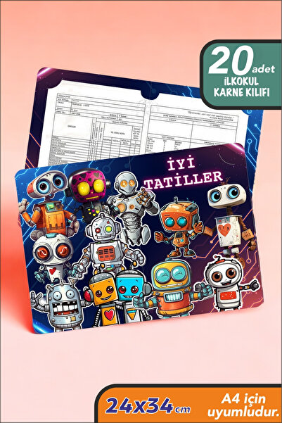 İstisna 20 Adet Robotlar Temalı Ilkokul A4 Karne Kılıfı Karne Süsleme 24x34