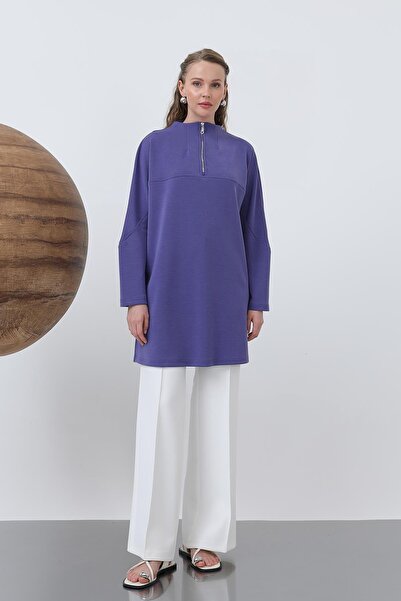 Puane Women's Front Zipper Detailed Tunic - 10611Tun - Purple