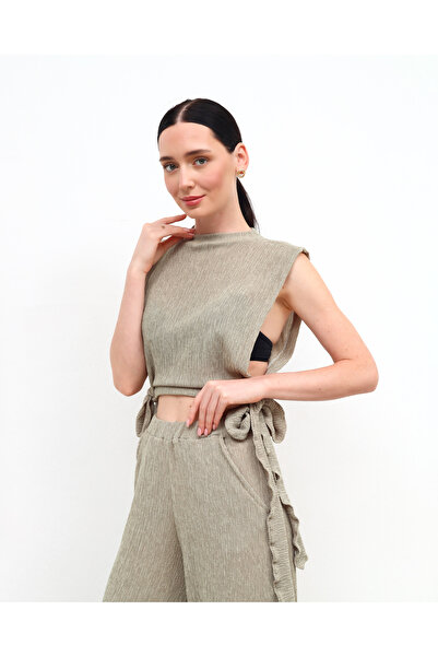 Aslı Özgün Taş Rengi Yan Dekolteli Bağlamalı Bluz