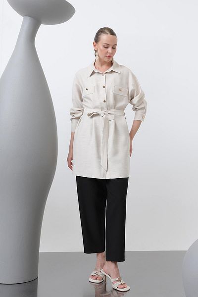 Puane Women's Belted Tunic with Button Detail - 10658Tun - Stone