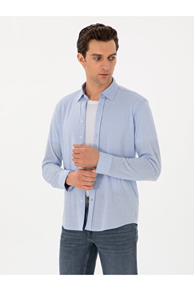 Cacharel Açık Mavi Slim Fit Pamuk Karışımlı Alttan Biritli Fitilli Gömlek 50304495-VR003