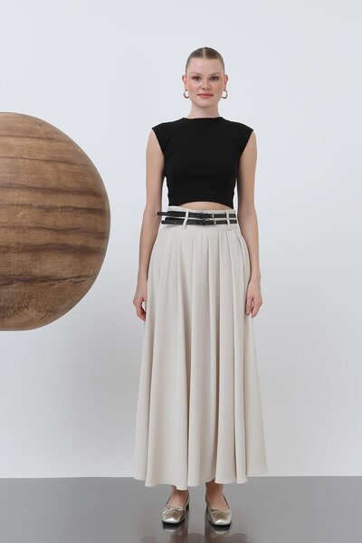 Puane Γυναικεία Πλισέ Φούστα Διπλής Ζώνης - 18234ETK - Μπεζ
