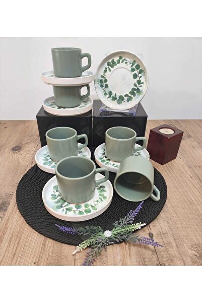 Keramika Okaliptus Çay Fincanı 6 Kişilik 12 parça Yeşil