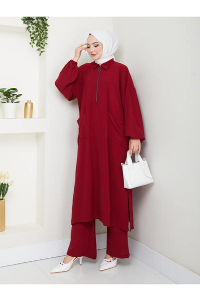 EFSUN MODA Long Length Pocket Semi-Zipper Ayrobin Testurt Suit Large Size Claret Red