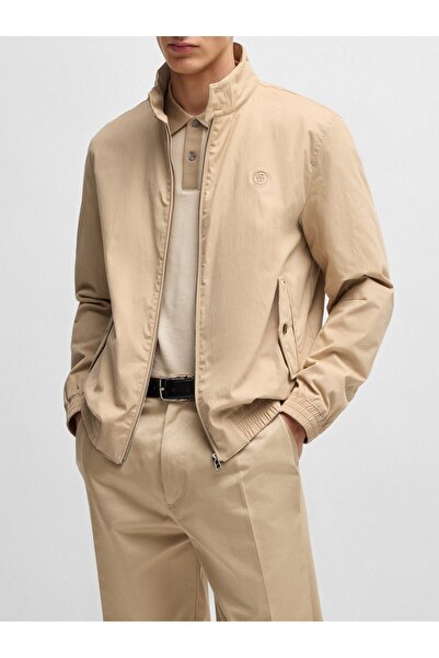 BOSS Erkek Esnek Pamuk Karışımlı Regular Fit Dik Yaka Fermuarlı Uzun Kollu Be...