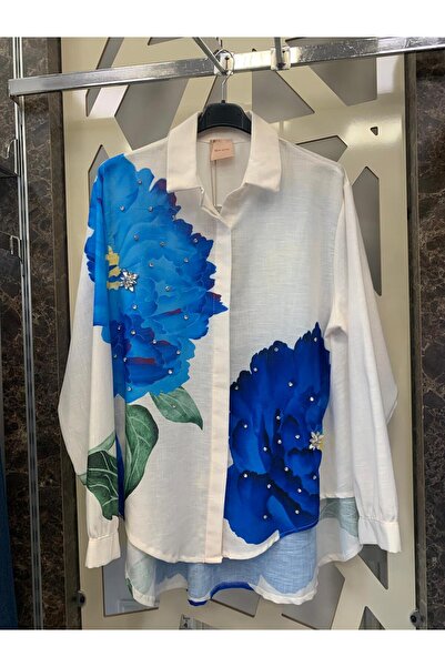 günay boutıque Sırt Desenli Serpme Taş Detaylı Keten Gömlek-MAVİLİ