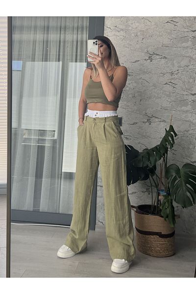 Natavanbutık Linen Khaki Shorts Detailed Design Trousers