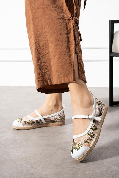 ShoeTek White Floral Mesh Ballerinas, Front Strap Grazyna Women
