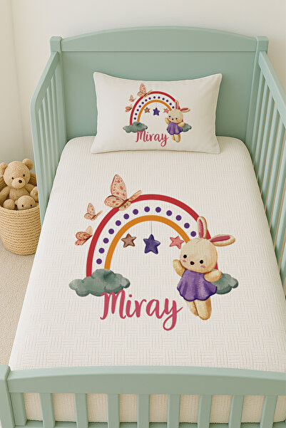 Lilabio %100 Pamuk İsme Özel İsimli 100x150 cm Pike Seti Mor Elbiseli Tavşan