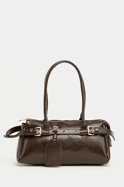 Madamra Braune Damen-Hand- und Umhängetasche mit doppeltem Schnallengürtel und detailliertem Detail