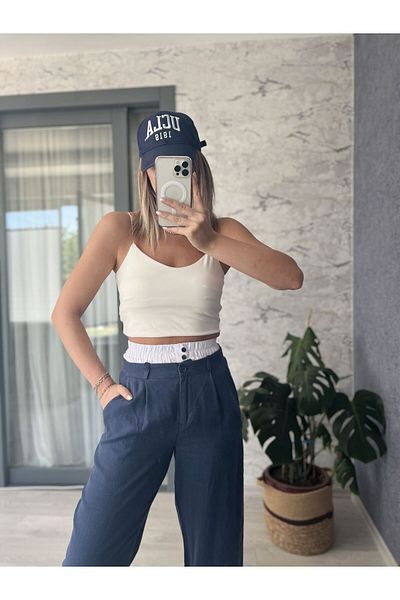 Natavanbutık Linen Navy Blue Shorts Detailed Design Trousers