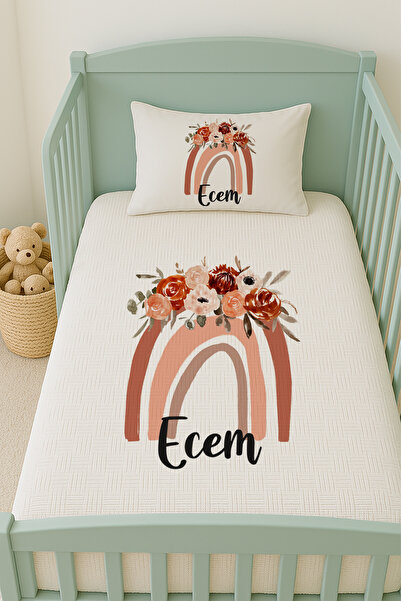Lilabio %100 Pamuk İsme Özel İsimli 100x150 cm Pike Seti Güllü Gökkuşağı