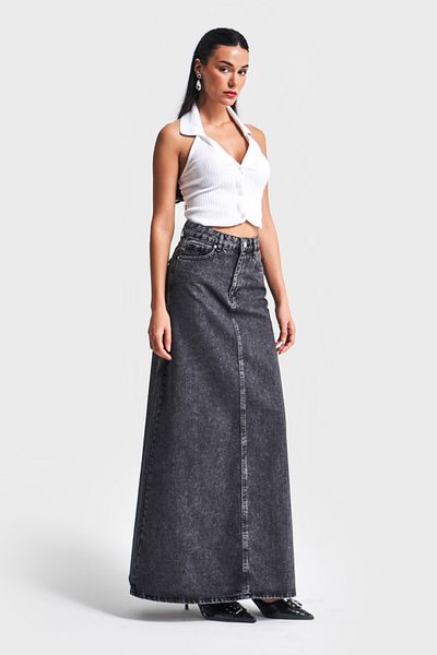 its basic Women's Anthracite Denim Color 3S5-14 Bell Cut 100% Koton Maxi Length 100 cm Denim Skirt