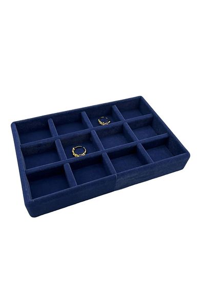 MeGass Dekor Domestic Production Small Size Suede Fabric Navy Blue Color 12 Compartment Jewelry Display Drawer Stand