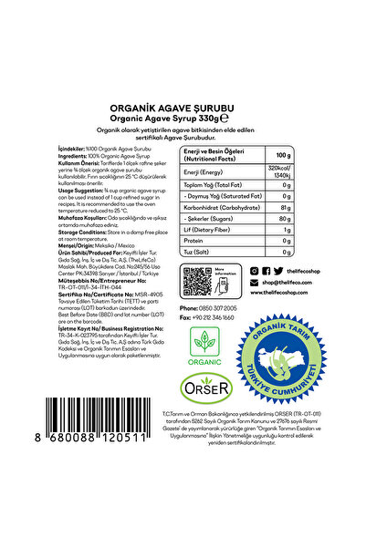 TheLifeCo Organik Agave Şurubu 330 G