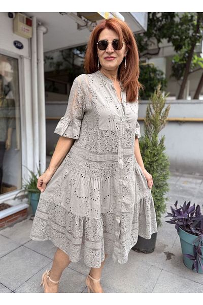 DenizEge Ιταλικό Ruched Guipure Midi φόρεμα Mink
