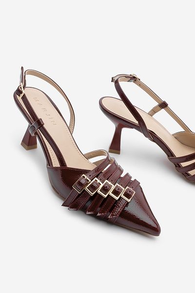 Marjin Stiletto de damă din piele lacuită burgundă - pantofi cu toc cu vârf ascuțit și curea cu detaliu