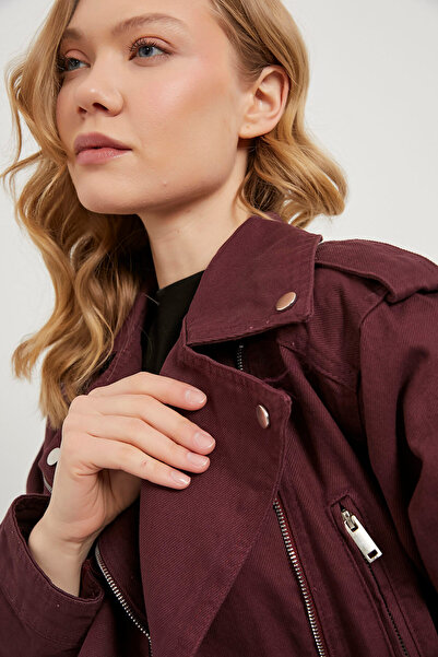 Arma Life Kadın Fermuarlı Basic Gabardin Bordo Biker Ceket