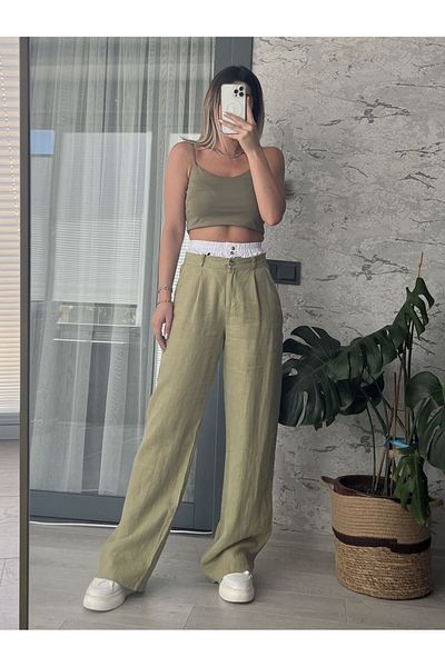 Natavanbutık Linen Khaki Shorts Detailed Design Trousers