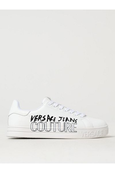 Versace Men's Round Toe Laminated Leather Laced Medium Thick Heel White Shoes 78Ya3Skczpb03-003