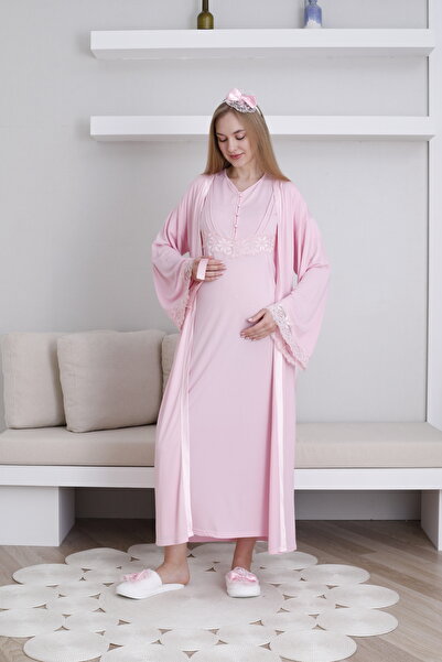 Lohussa طقم ثوب نوم نسائي من الدانتيل الوردي بتصميم خاص من القطن للصيف للأمومة