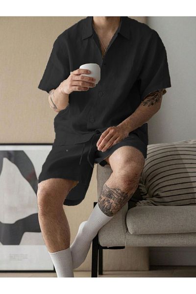 Altamira Men's Black Linen Short Sleeve Shirt Shorts Set