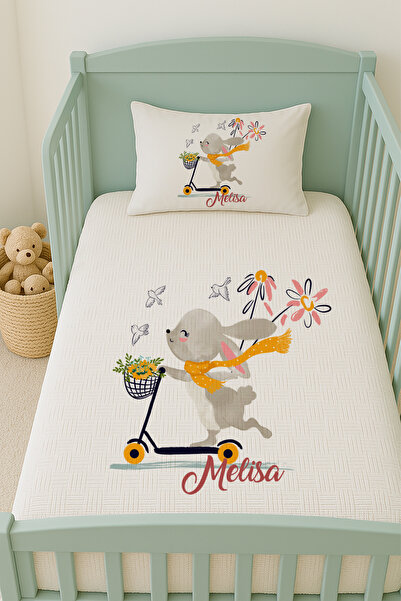 Lilabio %100 Pamuk İsme Özel İsimli 100x150 cm Pike Seti Scooterlı Tavşan