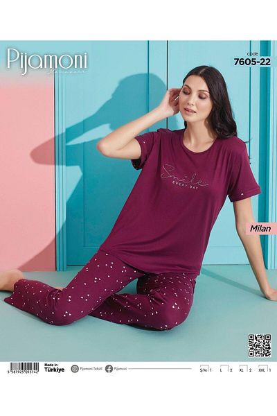 Pijamoni Purple Color Bamboo Milan Fabric Zero Collar Short Sleeve Women's Pajamas Set